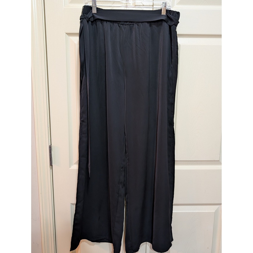 Womens Black High Waist Wide Leg Side Slit Tie Waist Satin Flowy Pants Small